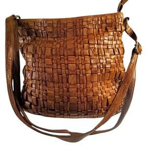 Vilenca Holland Anthropologie Woven Cognac Leather Crossbody Bag